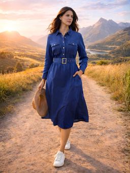 Zink London - Womens Blue Plain Midi Dress with Belt