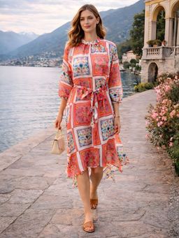 Zink London - Womens Multi-Color Geometric Knee Length Dress with Belt
