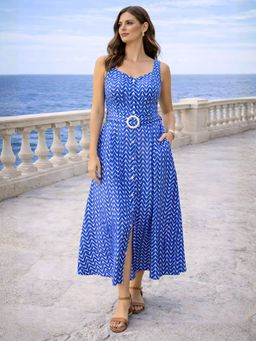 Zink London - Womens Blue Printed Midi Dress