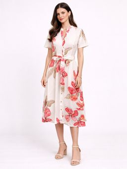 Zink London - Womens White Floral Midi Dress with Belt