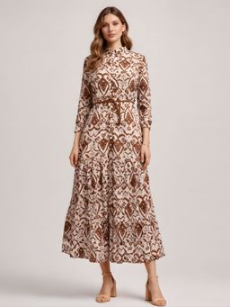 Zink London - Womens Cream Ikkat Midi Dress with Belt