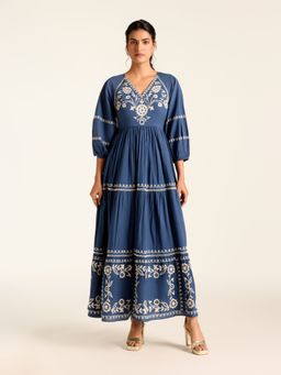 Label Ritu Kumar - Navy Edwin Emb 3/4Th Sleeves Long Dress