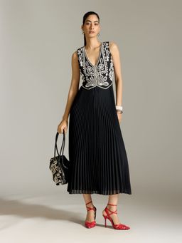 Label Ritu Kumar - Black Perlette Sleeveless Embroidered Long Dress