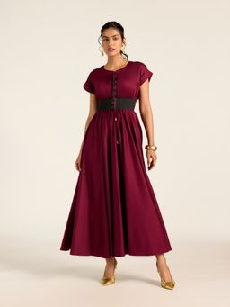 Label Ritu Kumar - Wine Velda Short Sleeves Solid Long Dress