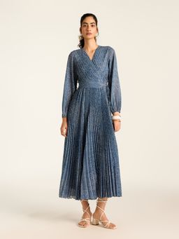 Label Ritu Kumar - Navy Angelique Dot Full Sleeves Long Dress with Belt