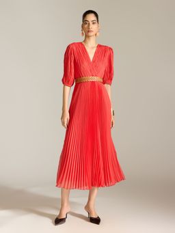Label Ritu Kumar - Red Demi 3/4Th Sleeves Solid Midi