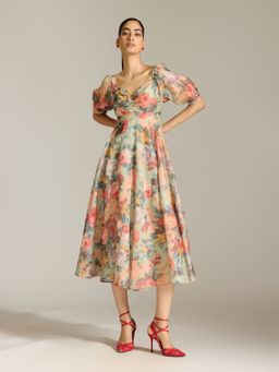 Label Ritu Kumar - Mint Rosie-Pixie Short Sleeves Floral Long Dress