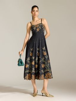 Label Ritu Kumar - Black Casette Sleeveless Embroidered Long Dress