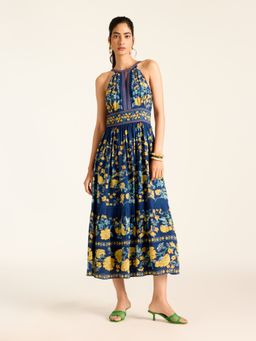 Label Ritu Kumar - Navy Florica Sleeveless Printed Long Dress