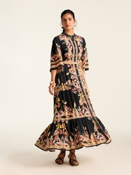 Label Ritu Kumar - Black Shyla Band Collar Long Dress