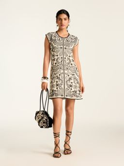 Label Ritu Kumar - Ecru Perlette Sleevesless Embroidered Short Dress