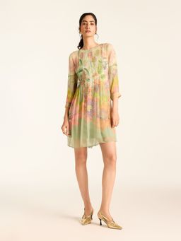Label Ritu Kumar - Green Miley Full Sleeves Printed Short Dress