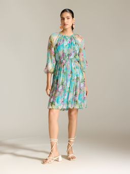 Label Ritu Kumar - Ecru Angelique Full Sleeves Printed Short Dress