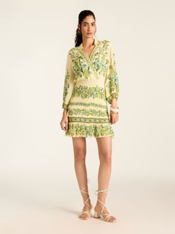Label Ritu Kumar - Beige Green Florica Full Sleeves Printed Short Dress