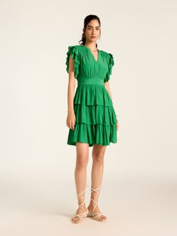 Label Ritu Kumar - Emerald Enorma Solid Short Dress with Belt