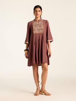 Label Ritu Kumar - Brown Marissa Full Sleeves Embroidered Short Dress