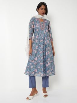 max - Women Blue Floral Print Anarkali Kurta with Pant and Dupatta