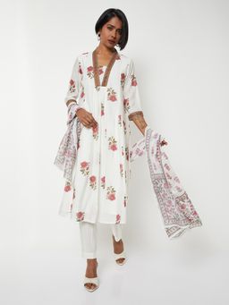 max - Women Off White Printed A-line Anarkali Kurta with Pant and Dupatta