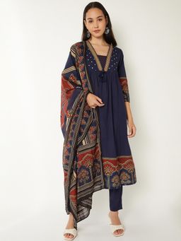 max - Women Blue Printed A-line Anarkali Kurta with Pant and Dupatta