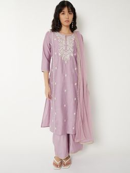 max - Women Lavender Embroidered Straight Kurta with Pant and Dupatta