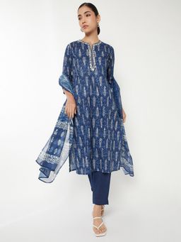 max - Women Navy Blue Ethnic Print Straight Kurta with Pant and Dupatta