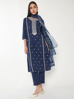 max - Women Blue Embroidered Straight Kurta with Pant and Dupatta