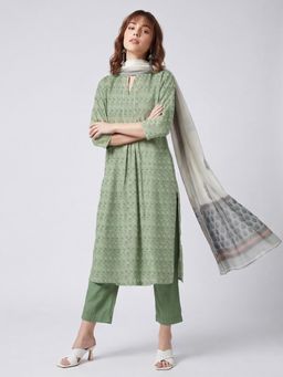 max - Green Women Straight Kurta with Pant and Dupatta