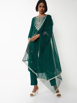 max - Women Green Embroidered A-line Kurta with Pant and Dupatta