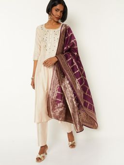 max - Women Beige Embroidered A-line with Dupatta Kurta with Pant and Dupatta