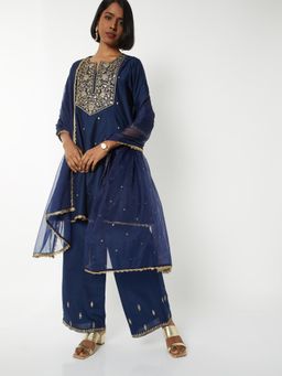 max - Women Blue Embroidered A-line Anarkali Kurta with Pant and Dupatta