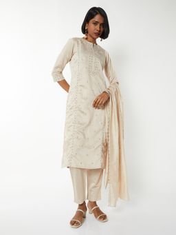 max - Women Off White Straight Embroidered Kurta with Pant and Dupatta