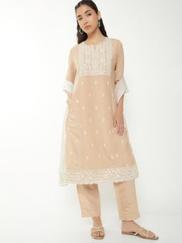 max - Women Beige Embroidered Kurta with Pant and Dupatta