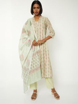 max - Women Green Floral Print A-line Anarkali Kurta with Pant and Dupatta
