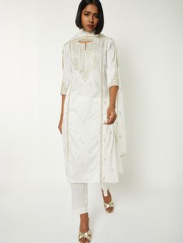 max - Off White Embroidered Straight Kurta with Pant and Dupatta
