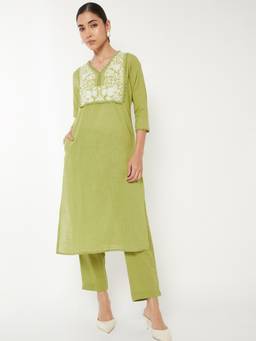 max - Women Green Yoke Embroidered Kurta with Pant