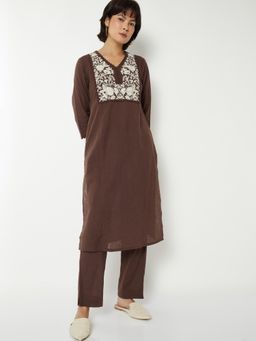 max - Women Brown Yoke Embroidered Kurta with Pant