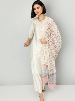 max - Women Off White Embroidered Straight Kurta with Pant and Dupatta