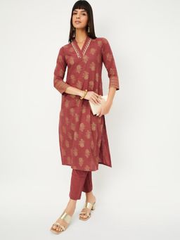 max - Women Red Foil Print Straight Kurta with Pant