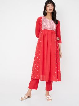 max - Women Red Embroidered A-line Anarkali Kurta with Pant