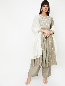 max - Women Grey Embroidered A-line Anarkali Kurta with Pant and Dupatta
