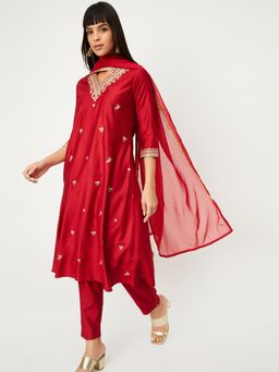 max - Women Red Embroidered A-line Anarkali Kurta with Pant and Dupatta
