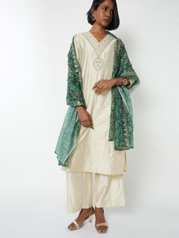 max - Women Off White Embroidered Straight Kurta with Palazzo and Dupatta