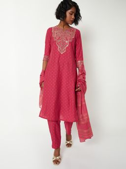 max - Women Red Embroidered Straight Kurta with Pant and Dupatta