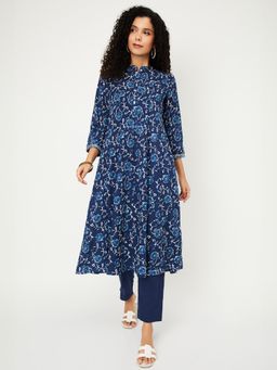 max - Women Navy Blue Floral Print A-line Anarkali Kurta with Pant