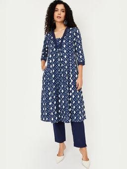 max - Women Navy Blue Printed A-line Anarkali Kurta with Pant