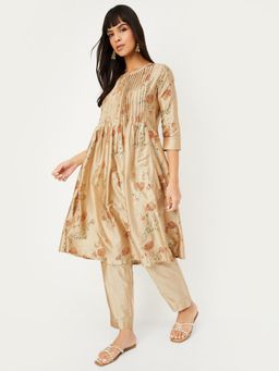 max - Women Beige Floral Print A-line Anarkali Kurta with Pant