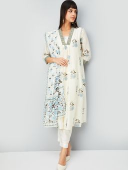 max - Women Off White Floral Print A-line Anarkali Kurta with Pant and Dupatta