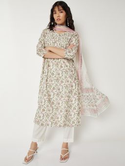 max - Women Off White Floral Print Straight Kurta with Pant and Dupatta