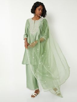 max - Women Green Embroidered Straight Kurta with Palazzo and Dupatta