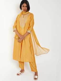 max - Women Yellow Embroidered A-line Anarkali Kurta with Pant and Dupatta